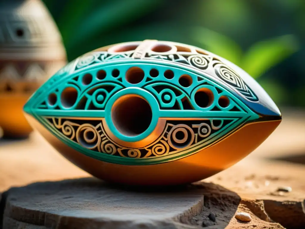 Una ocarina maya bellamente tallada, con símbolos tradicionales, se destaca contra ruinas antiguas, evocando la historia y cultura maya