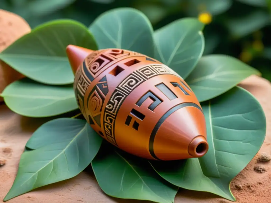 Una ocarina precolombina de terracota, adornada con patrones geométricos y símbolos, reposa sobre hojas verdes y pétalos rojos