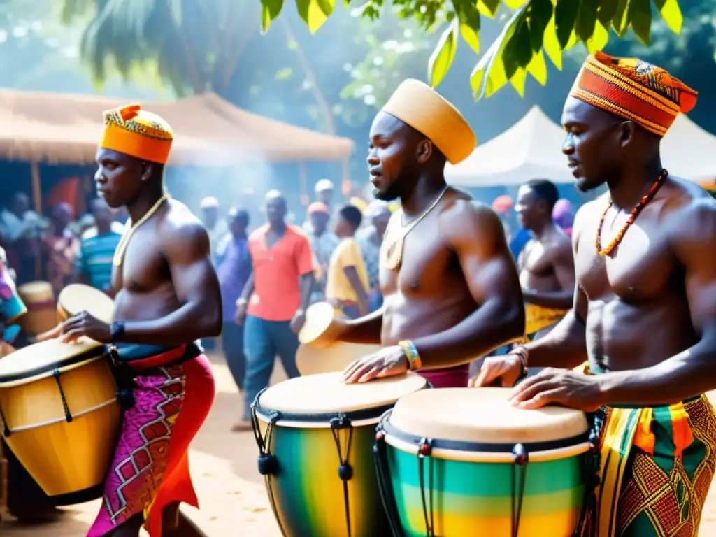 Tambor hablante África Occidental: Músicos tocan tambores tama en ambiente tradicional, con coloridos atuendos y ritmo hipnótico