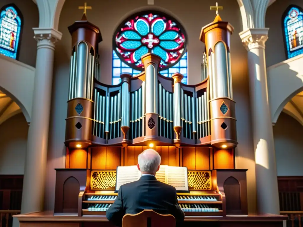 Un organista hábil improvisando en el majestuoso órgano sacro de una iglesia histórica, rodeado de arquitectura ornamental y luz de vitrales