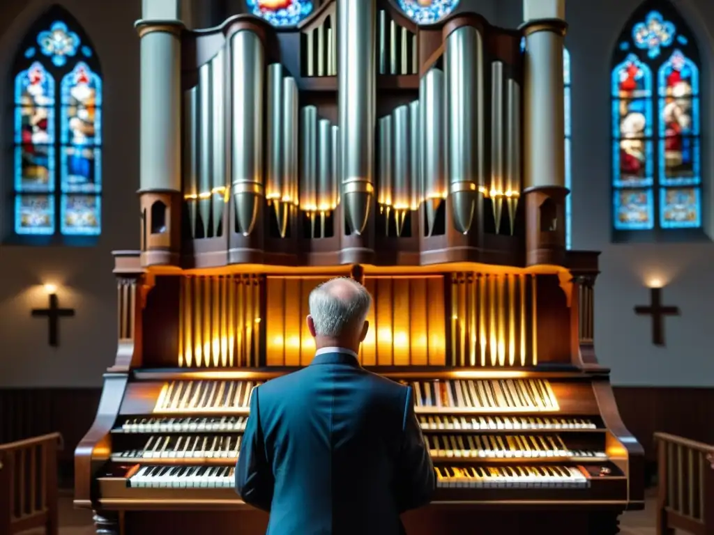 Un organista hábil improvisando en un órgano sacro, con luz de vitrales