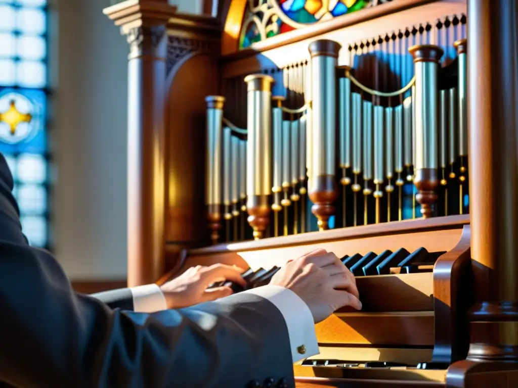 Un órgano meticulosamente elaborado en un concierto moderno, mostrando detalles ornamentados y la elegancia atemporal