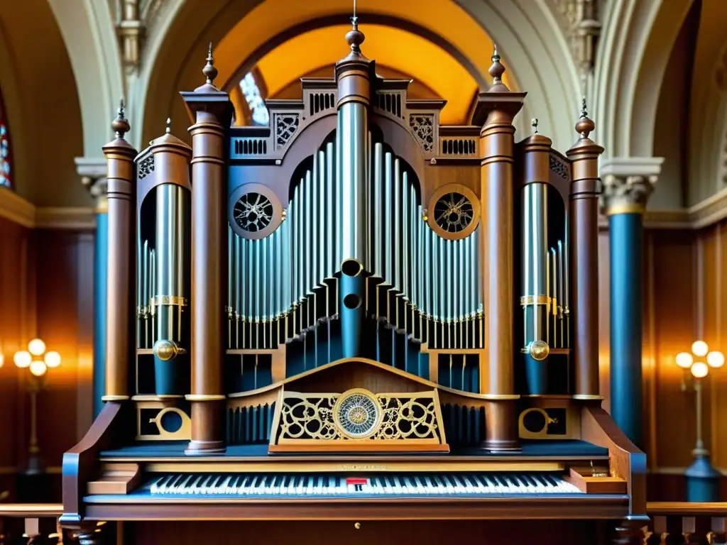 Un órgano hidráulico antiguo en una majestuosa sala, resaltando su construcción y sonido histórico