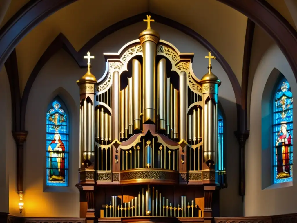 Un órgano de iglesia majestuoso, con detalles dorados, iluminado por luz de vitrales