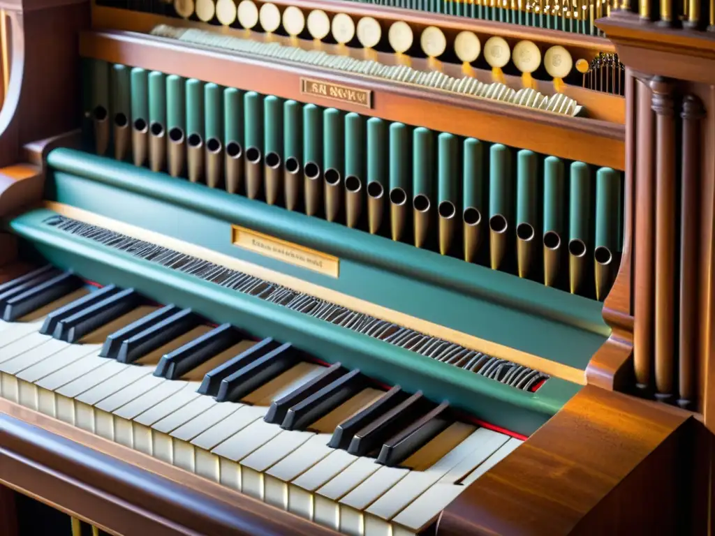 Un órgano de tubos histórico con teclados neumáticos música sacra, detallado y envejecido, iluminado con suavidad, evocando tradición y reverencia