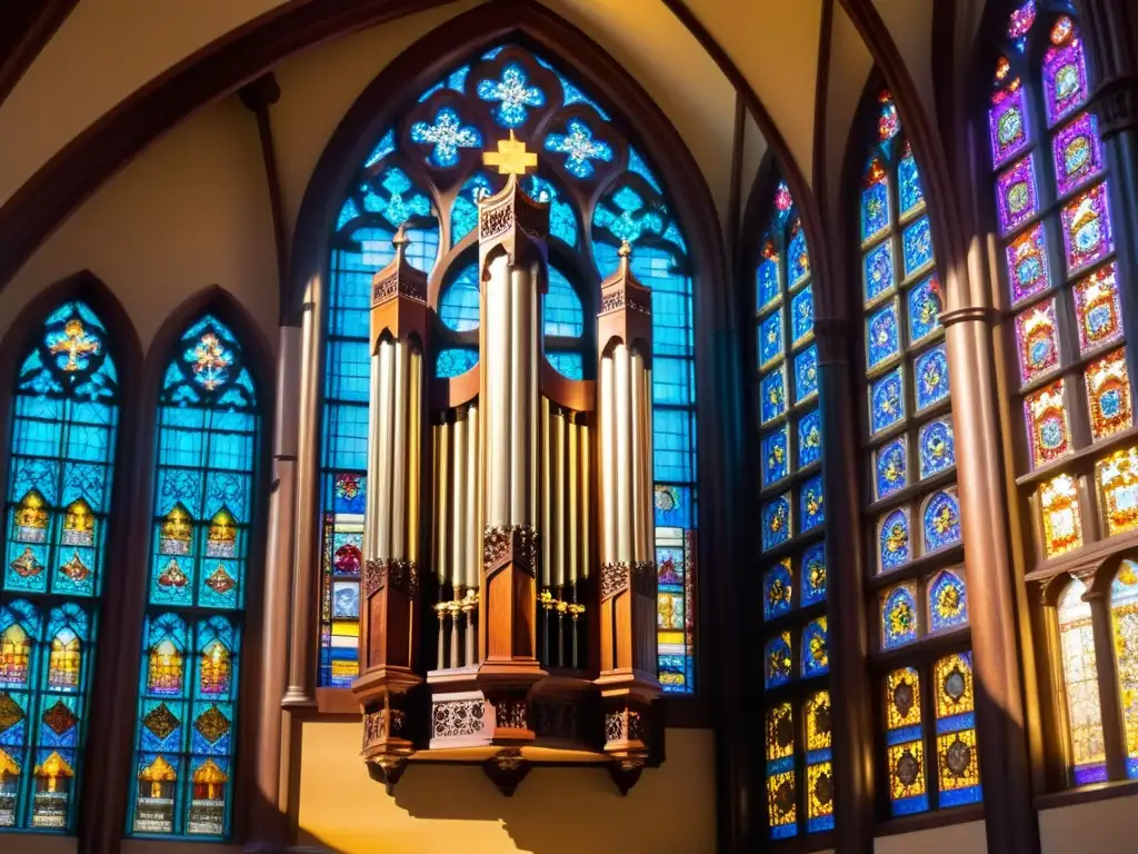 Órgano de tubos en música: Majestuoso órgano de madera oscura resplandece ante vitrales coloridos en la catedral, bañado por la cálida luz del sol