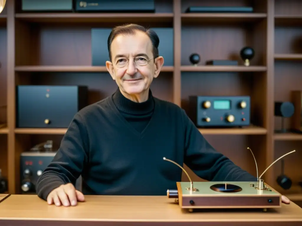 Léon Theremin demuestra con orgullo su innovador instrumento electrónico en su laboratorio, destacando la historia del theremín