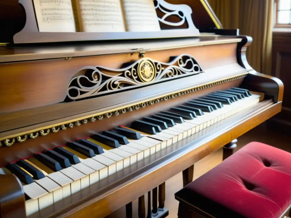 El origen y evolución del fortepiano: un piano antiguo del siglo XVIII, con detalles ornamentados y una pátina de antigüedad, iluminado suavemente