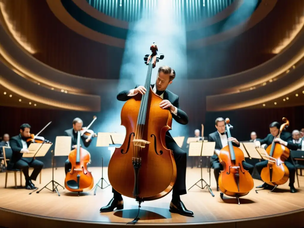 Una orquesta contemporánea ejecuta una pieza con un octobass, destacando la intensidad y pasión de la música