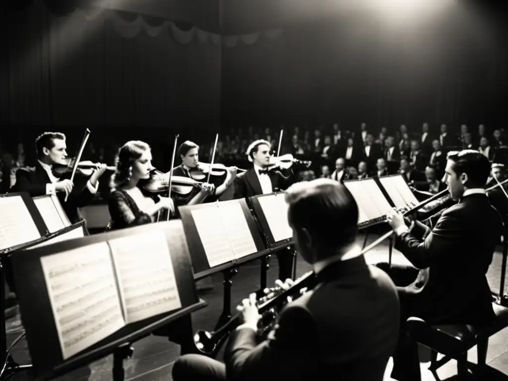 Una orquesta de la era del cine mudo, con músicos apasionados tocando instrumentos musicales en películas mudas