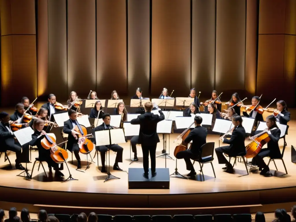 Una orquesta escolar en el escenario, tocando con pasión y precisión