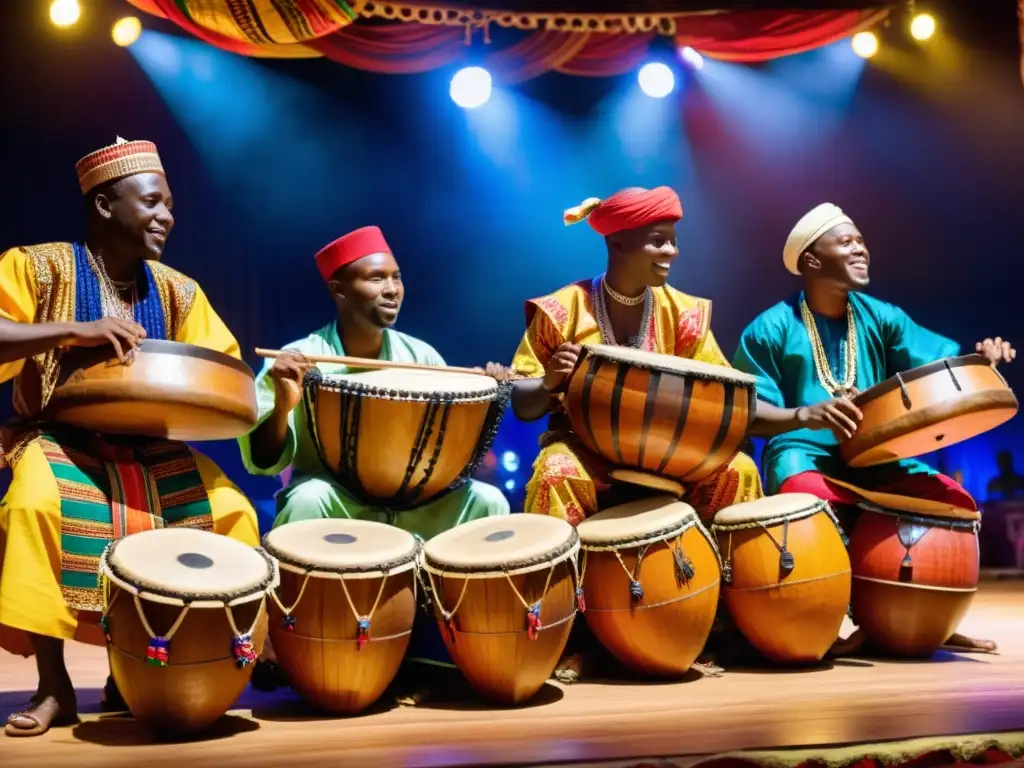 Orquesta de madera de Guinea tocando instrumentos tradicionales con pasión y energía en un escenario vibrante y colorido