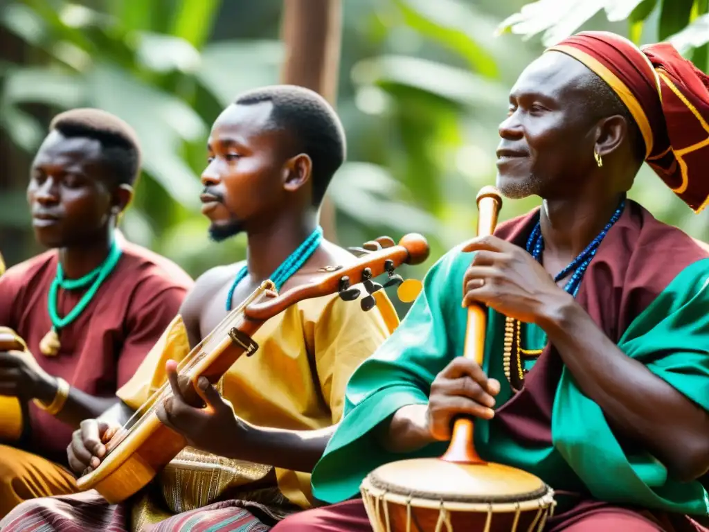 Orquesta de madera de Guinea: Músicos con trajes vibrantes tocan instrumentos tradicionales bajo la luz filtrada entre los árboles