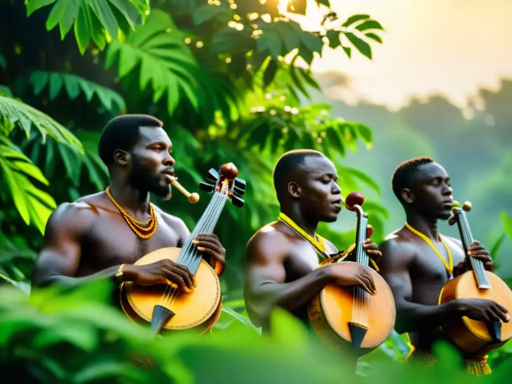 Orquesta de madera de Guinea tocando con pasión entre exuberante vegetación, bañados por cálida luz dorada