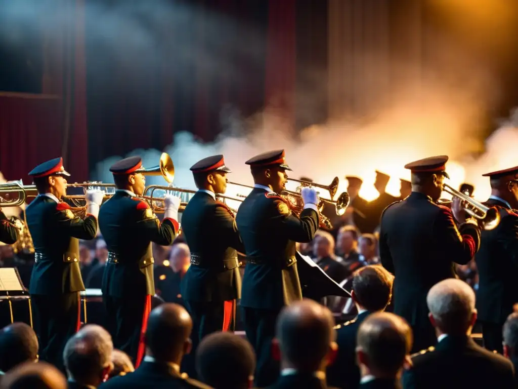 Una orquesta militar ejecutando instrumentos musicales con destreza, uniformados bajo cálidas luces escénicas