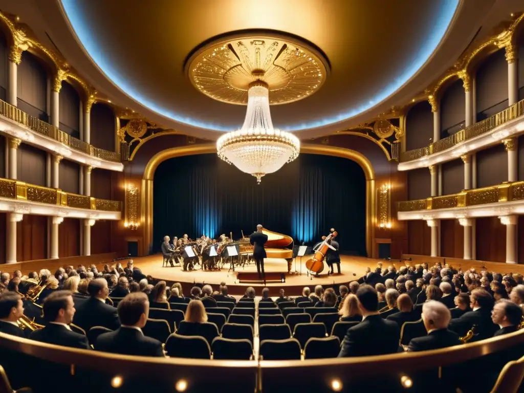 Orquesta de músicos clásicos tocando con pasión en el majestuoso escenario de las Olimpiadas de la Música Clásica