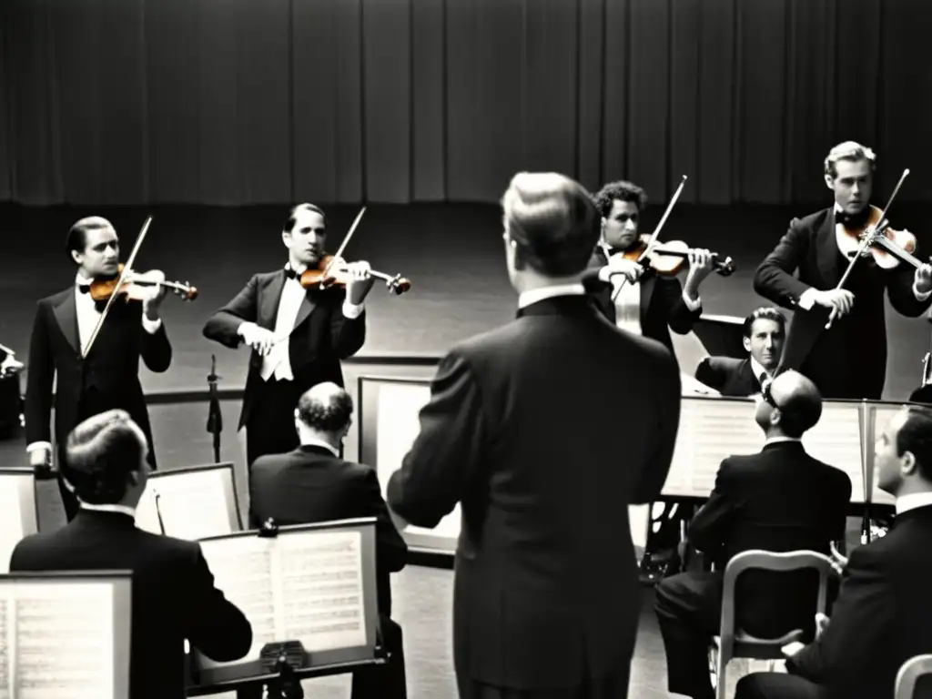 Orquesta de película muda con músicos tocando instrumentos musicales en trajes elegantes, dirigidos por un apasionado director de orquesta