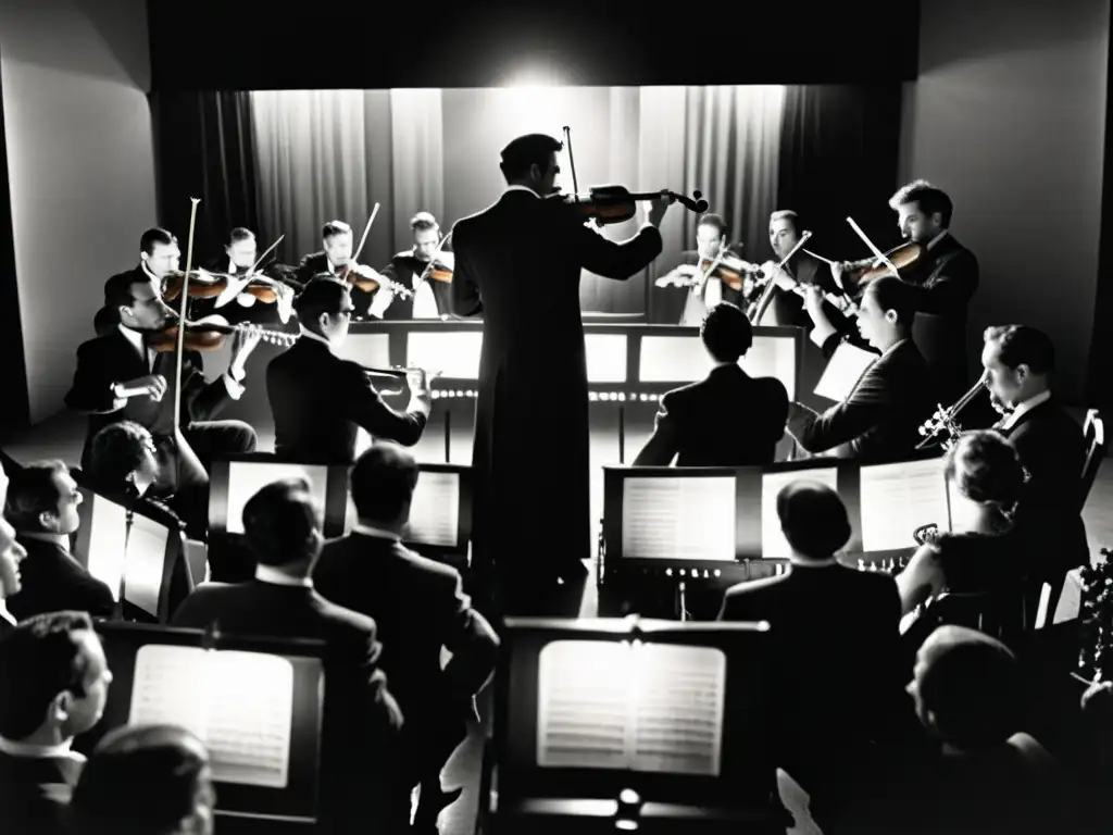 Una orquesta de película muda con músicos en trajes de época tocando violines, cellos y otros instrumentos, acompañando una proyección