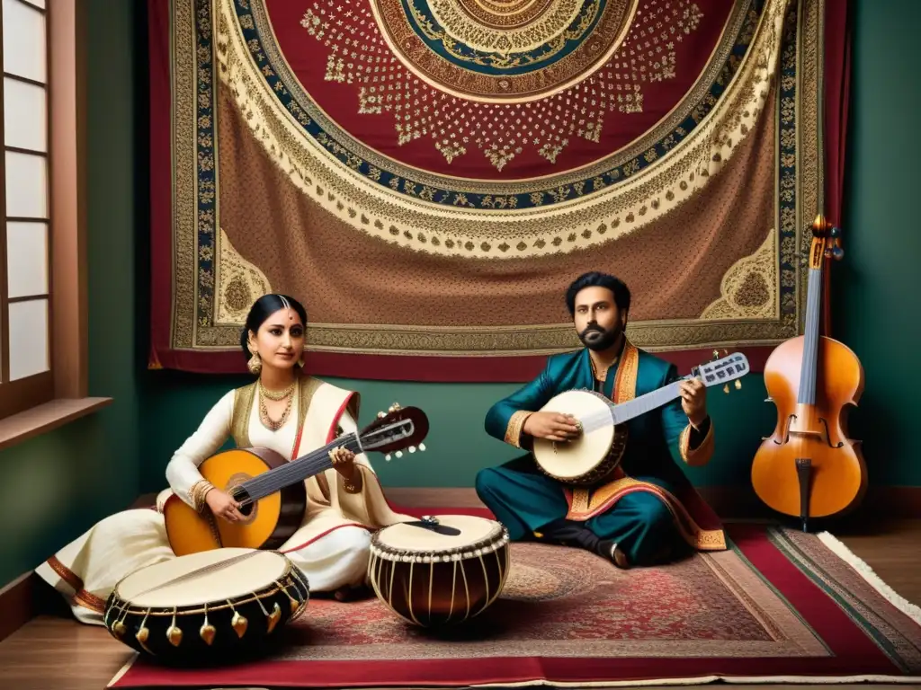 Orquesta del siglo XIX con instrumentos exóticos, fusionando influencias orientales y occidentales en un escenario ricamente decorado