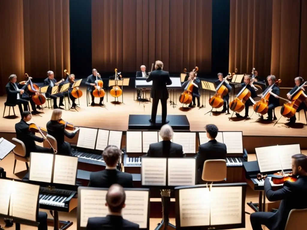 Orquesta sinfónica en concierto, resaltando el análisis de sonido de instrumentos y la tecnología acústica avanzada