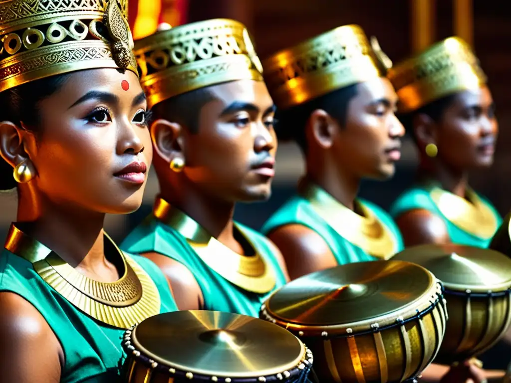 Una orquesta sinfónica de percusiones exóticas de Bali, con músicos vestidos tradicionalmente, tocando con expresiones concentradas