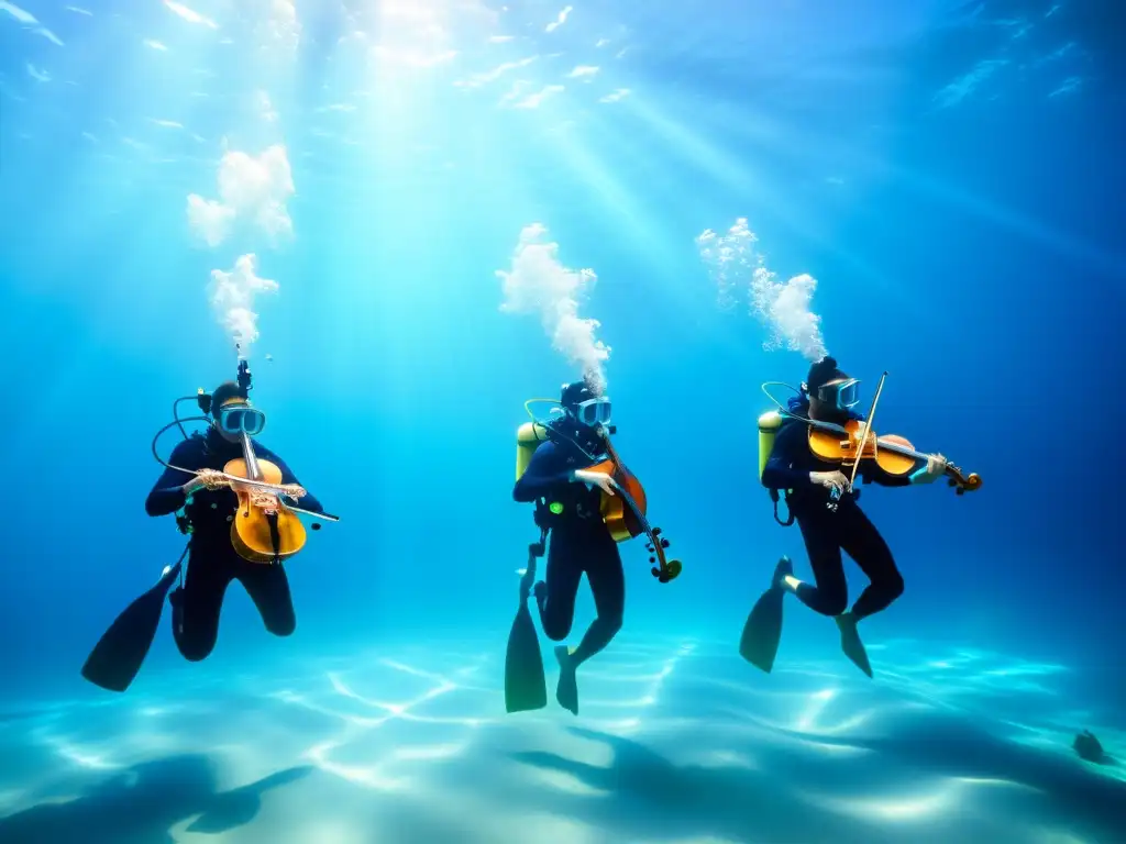 Orquesta subacuática tocando con instrumentos musicales subacuáticos innovadores en el tranquilo océano azul