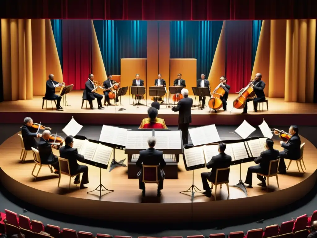 Orquesta tradicional en escenario con músicos y director, fusionando elementos culturales con arreglos modernos