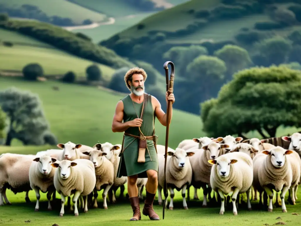 Pan, dios de los pastores, tocando las flautas de Pan en la naturaleza Pan, el dios griego de los pastores, tocando las antiguas siringas entre ovejas en un entorno pastoral, evocando la mitología pastoral
