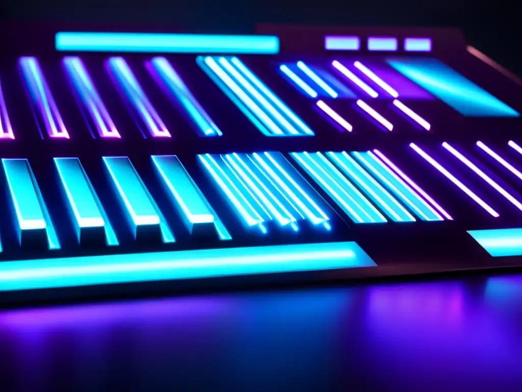 Panel futurista de sintetizador con luces LED azules y moradas, mostrando ondas y frecuencias