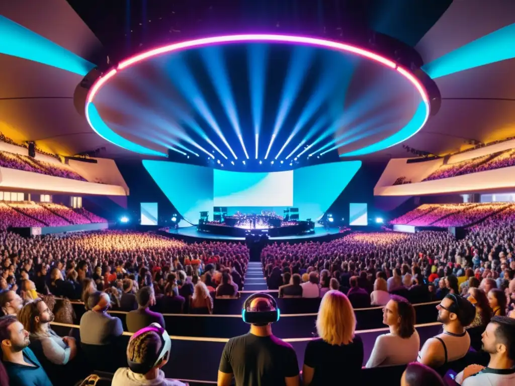 Panorámica de concierto lleno, escenario vibrante y multitud con visores de realidad virtual