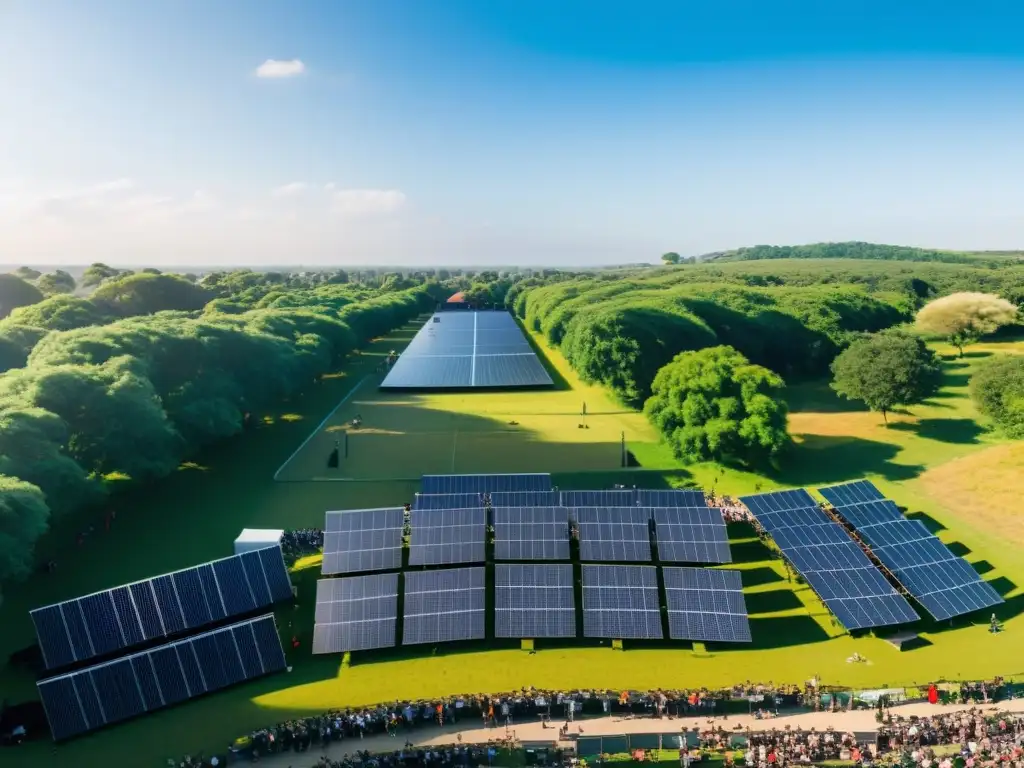 Panorámica de un festival de música con paneles solares, música en vivo y multitudes, destacando el impacto ambiental en la industria musical