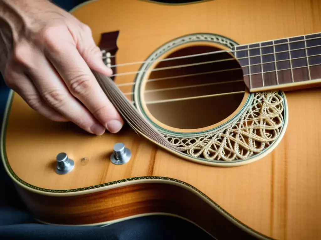 Un par de manos experimentadas y cuidadosas enhebran una cuerda de guitarra biodegradable en un puente de guitarra acústica