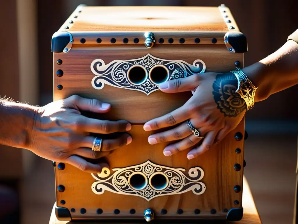 Un par de manos tatuadas y adornadas con anillos de plata tocan un cajón de madera, mostrando la artesanía y la tradición