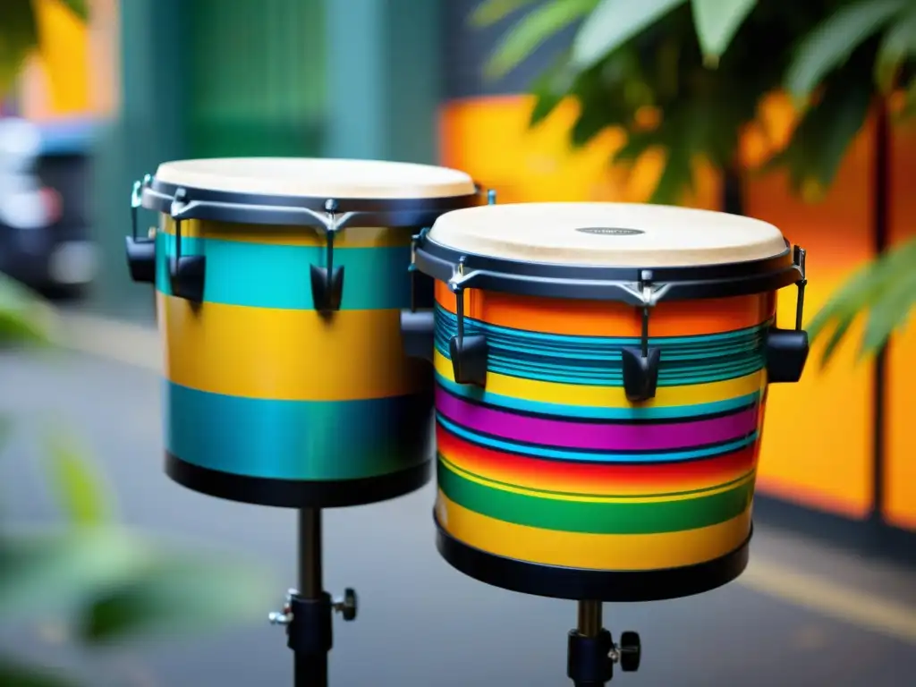 Un par de timbales tropicales con detalles artesanales y patrones coloridos, mostrando la esencia de la salsa y las técnicas de timbales tropicales