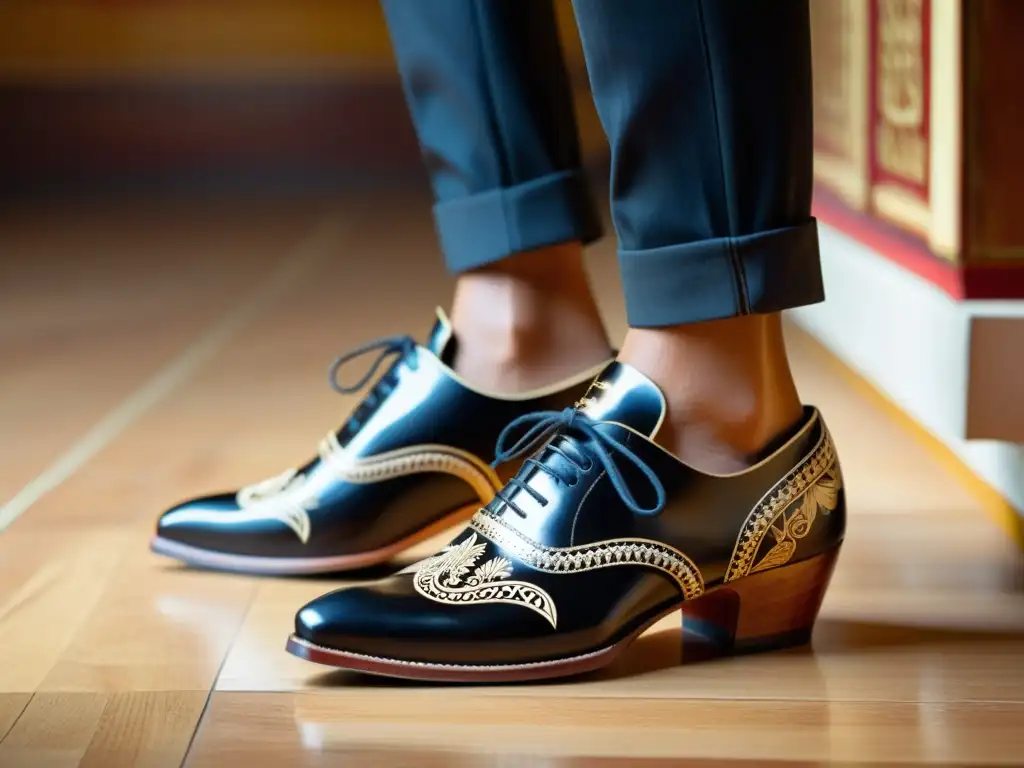 Un par de zapatos tradicionales de son jarocho con patrones intrincados, desgastados por el uso, destacados por la luz y la sombra