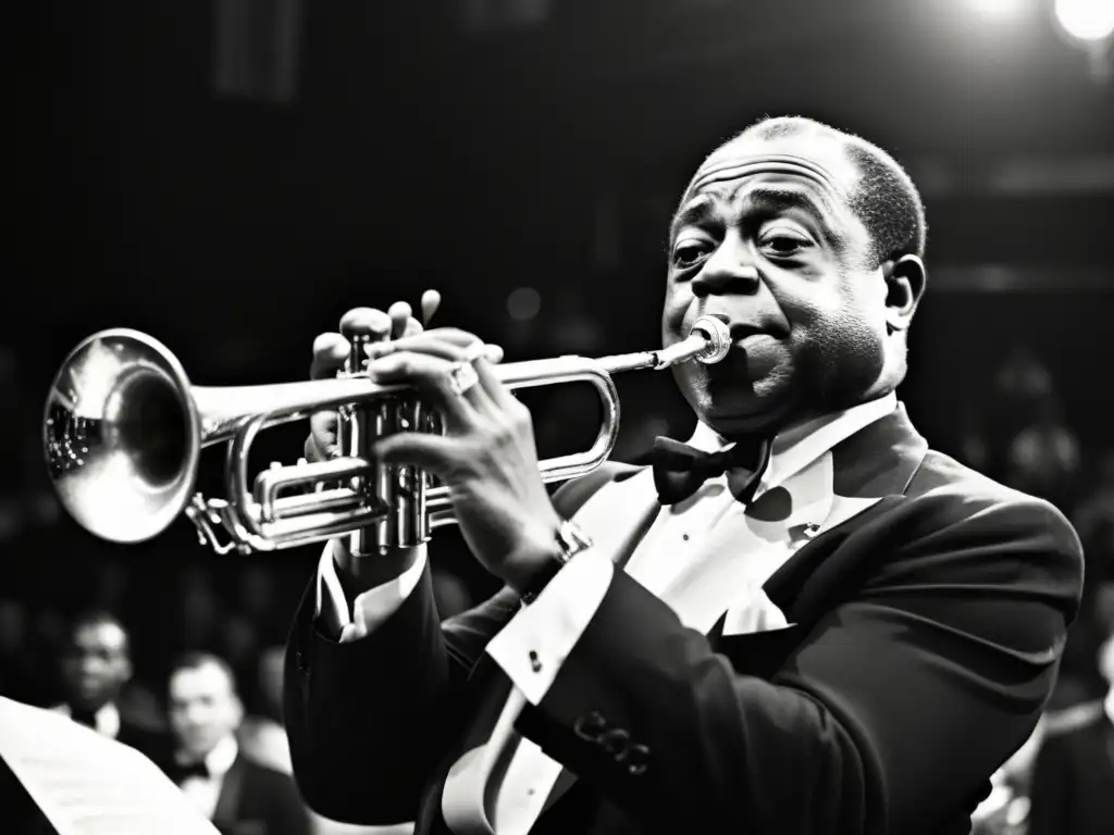 Louis Armstrong interpreta con pasión su trompeta en un club de jazz, iluminado por un foco, evocando la influencia cultural de las trompetas del jazz