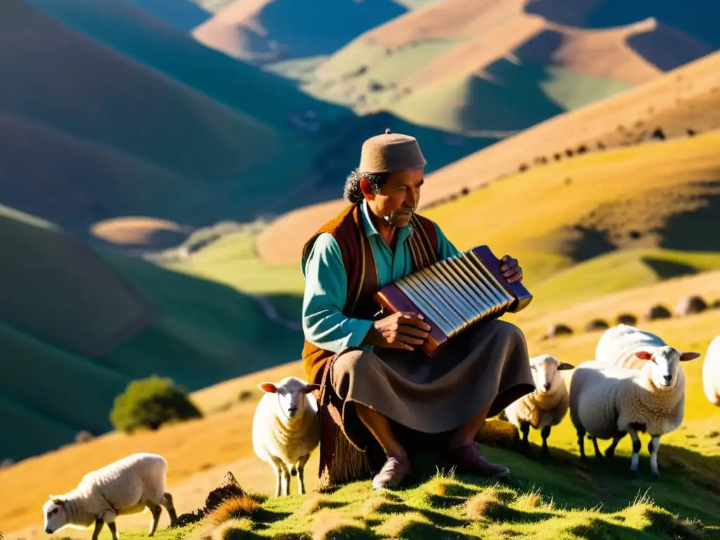 Pastor de los Andes tocando la flauta Pan en 8k Un pastor toca una siringa de Pan en los Andes, con su rebaño y paisaje montañoso de fondo
