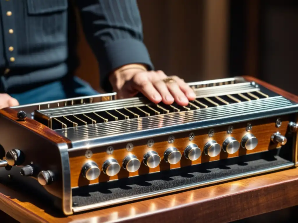 Un pedal steel guitar vintage iluminado dramáticamente, con detalles intrincados y desgaste histórico