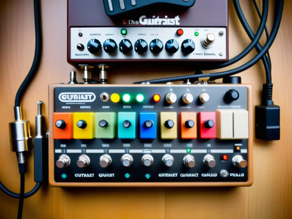 Un pedalboard de guitarrista con efectos coloridos y cables, creando un ambiente dinámico