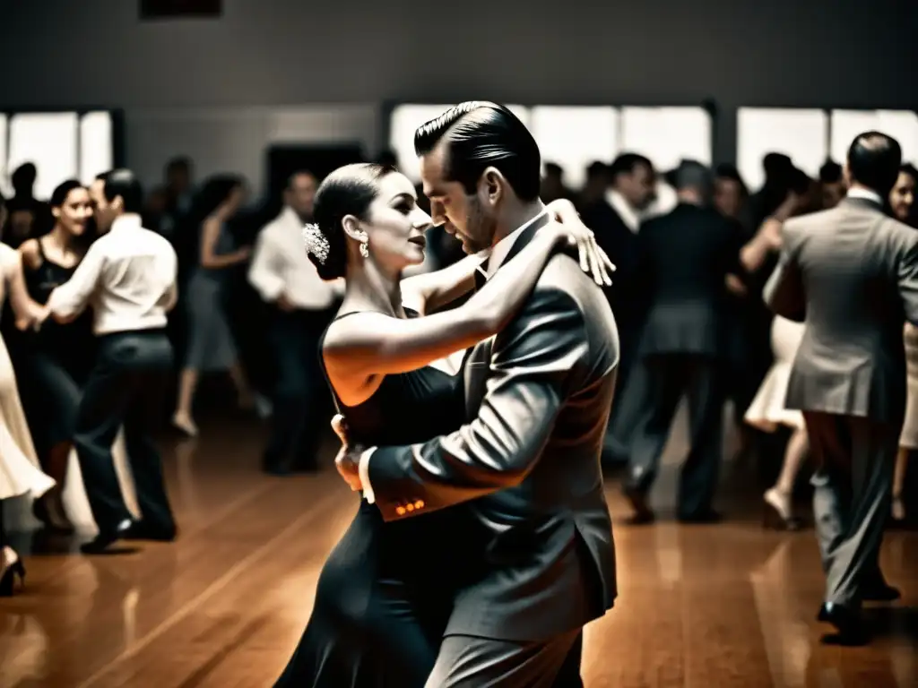 En la penumbra de la pista, parejas de tango compiten con pasión en el Mundial de Tango, mostrando la historia y la intensidad de la competencia