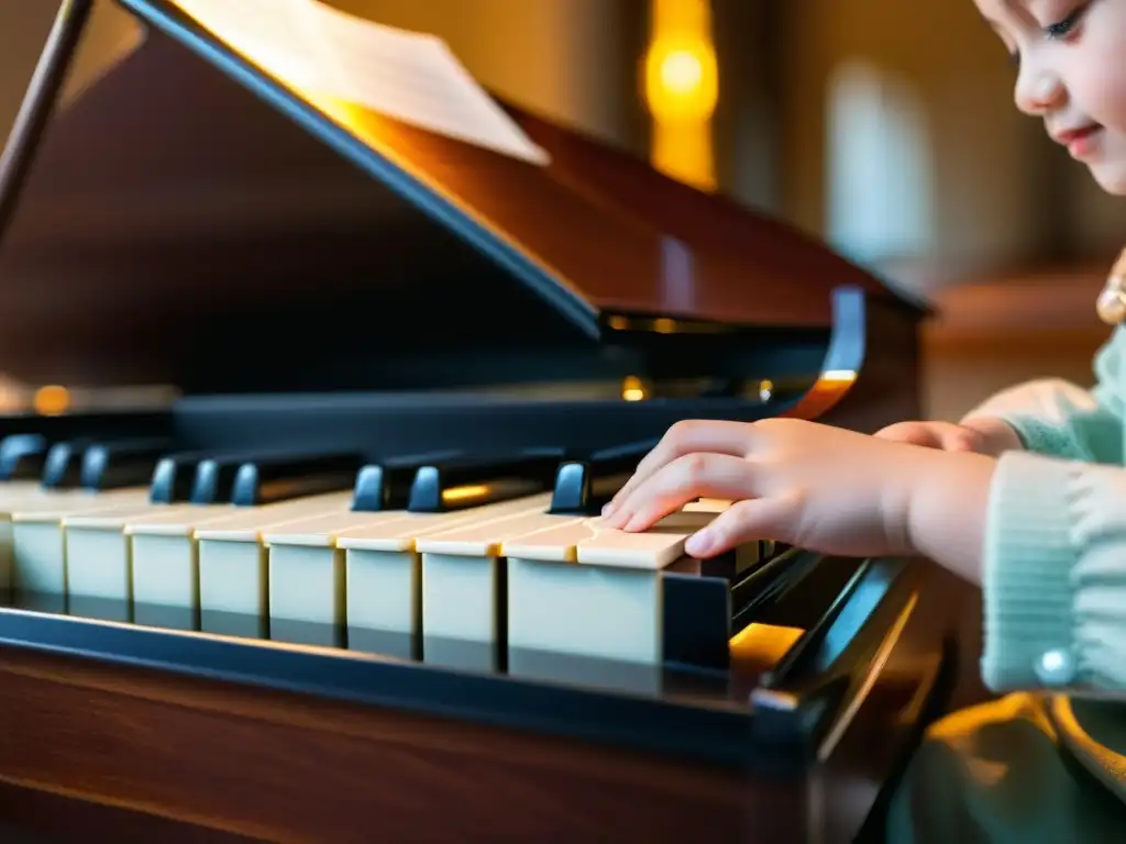 Pequeñas manos de niño tocando con delicadeza las teclas de un piano de cola para niños, transmitiendo la maravilla de la música