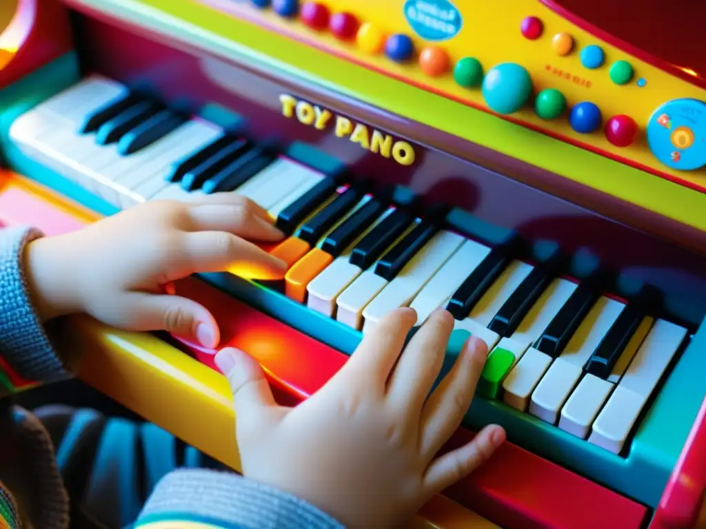 Las pequeñas manos de un niño exploran un piano de juguete colorido, transmitiendo alegría y concentración