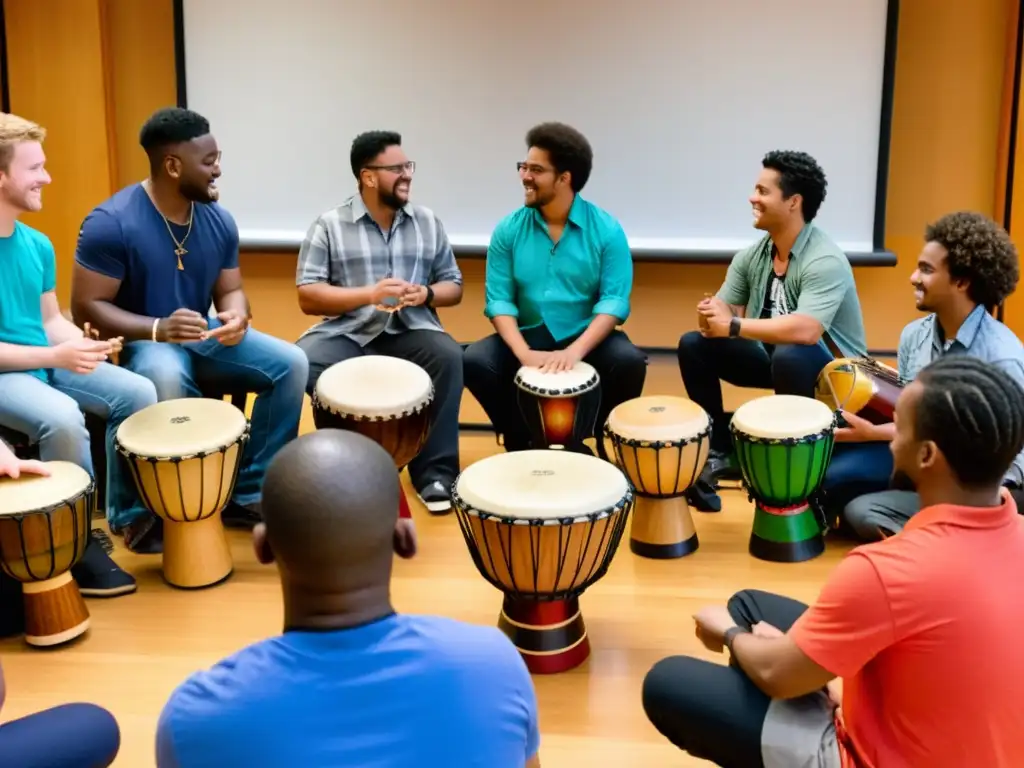 Incorporando percusiones globales en enseñanza: Estudiantes participan en un taller de percusión mundial, enfocados y colaborativos