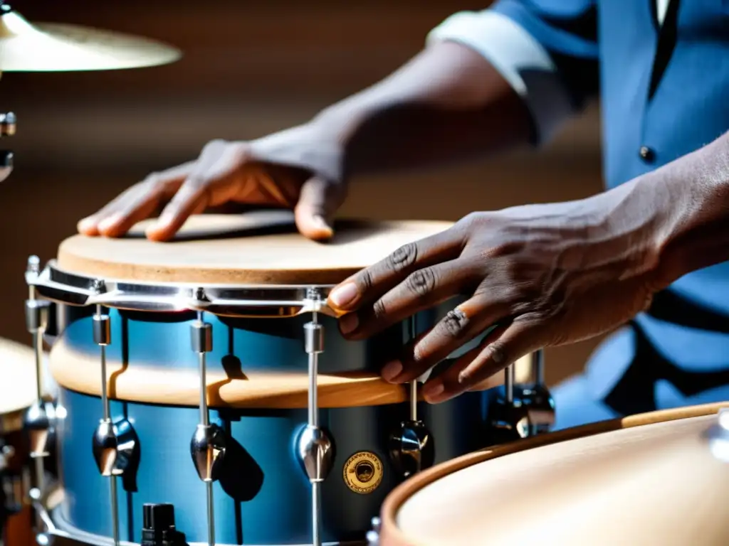 Un percusionista de blues experimentado toca hábilmente un tambor, mostrando la energía y técnica del blues