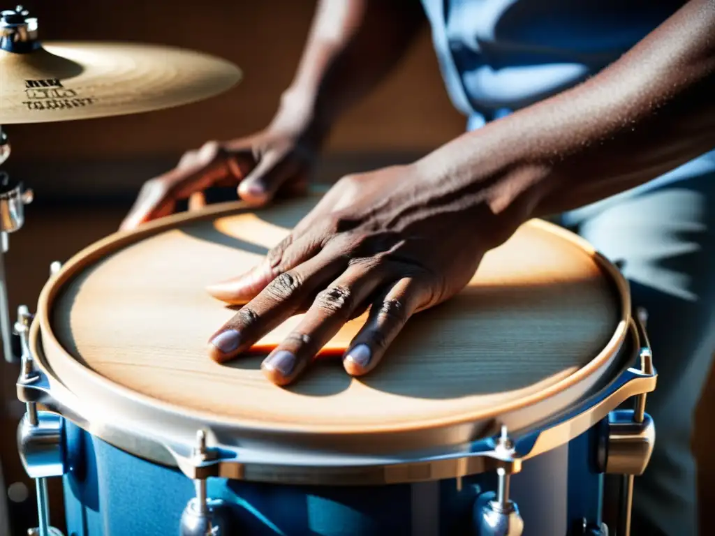 Un percusionista de blues experimentado muestra una técnica dinámica en una batería gastada