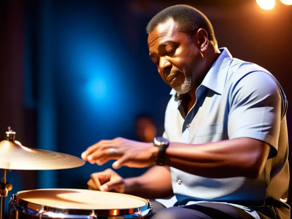 Un percusionista hábil interpreta el blues con pasión, destacando las técnicas de percusión en el blues