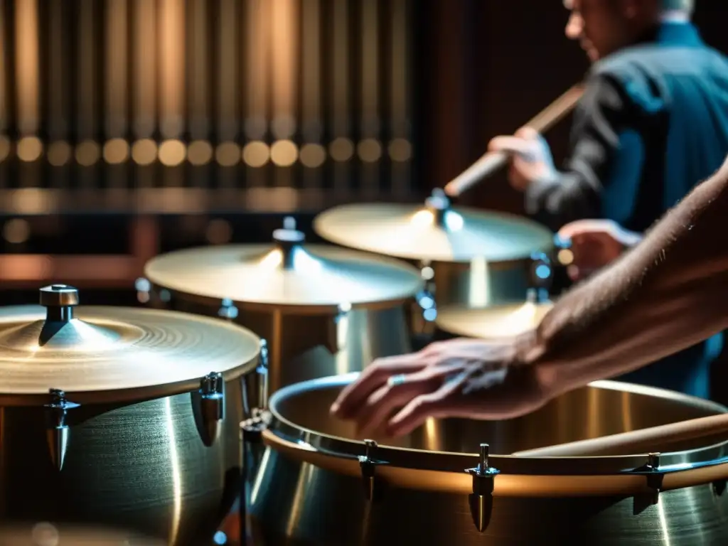 Un percusionista toca campanas tubulares en la penumbra de una elegante sala de conciertos, creando una atmósfera de energía dinámica