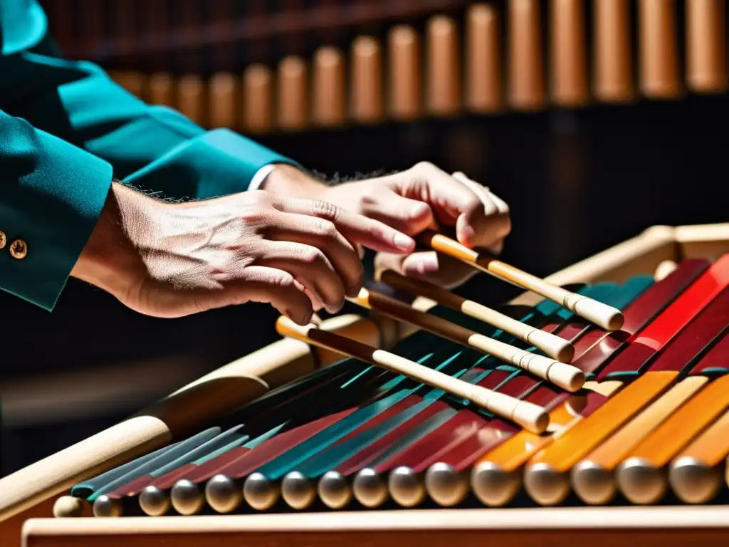 Un percusionista ejecuta una compleja melodía en la marimba, destacando las técnicas de mallets para instrumentos de percusión