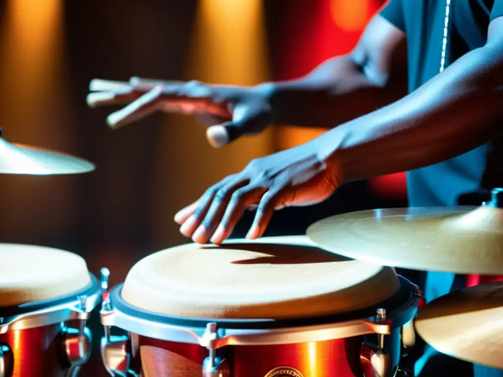 Un percusionista hábil toca las congas con pasión y precisión en una escena caribeña