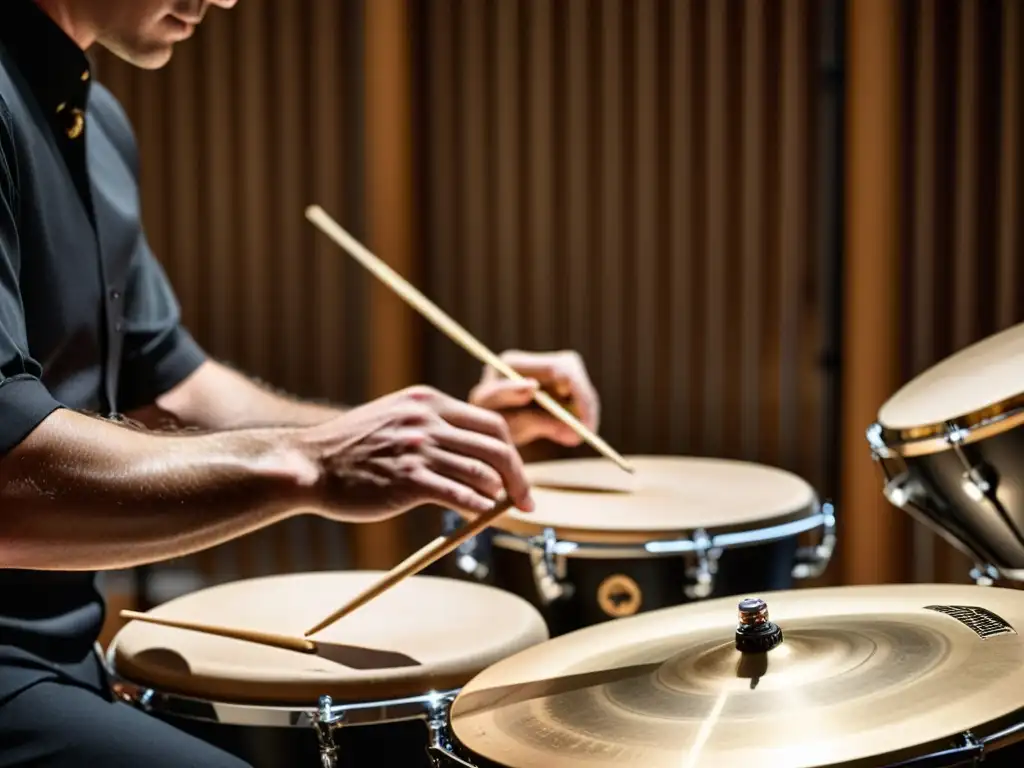 El percusionista muestra destreza al tocar una variedad de instrumentos, resaltando el papel de la percusión en la música de cámara